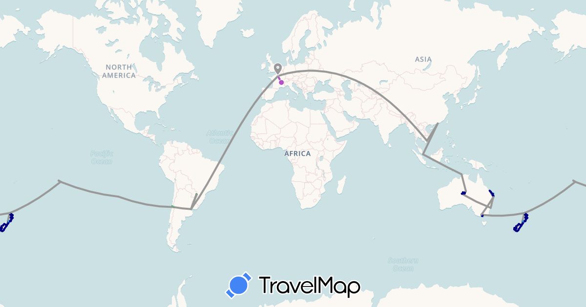 TravelMap itinerary: driving, bus, plane, train, boat in Argentina, Australia, Chile, France, Hong Kong, New Zealand, French Polynesia, Singapore, Vietnam (Asia, Europe, Oceania, South America)